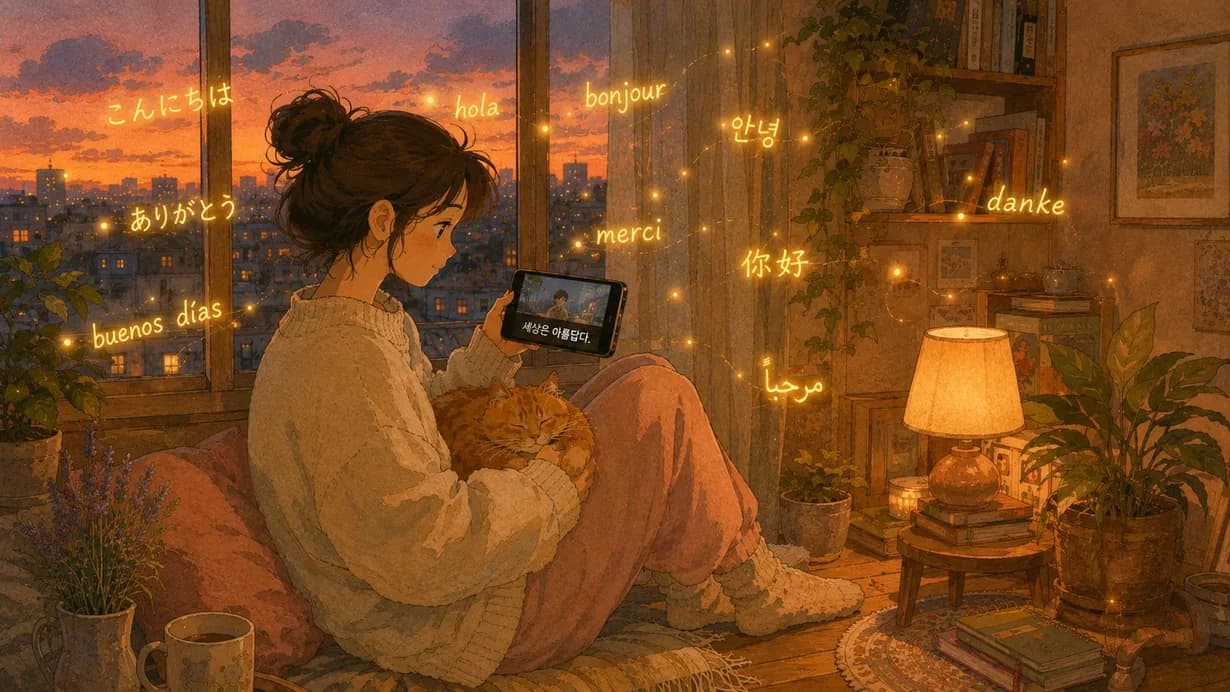 A young woman on a windowsill at sunset watching a video on a tablet, a sleepy ginger cat in her lap, foreign words drifting softly in the warm lamp-lit air around her.