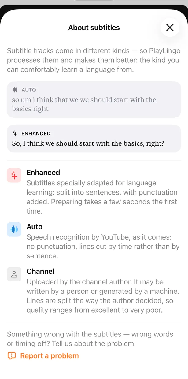Pantalla About subtitles: una línea automática de YouTube sin puntuación junto a la versión Enhanced como frase completa