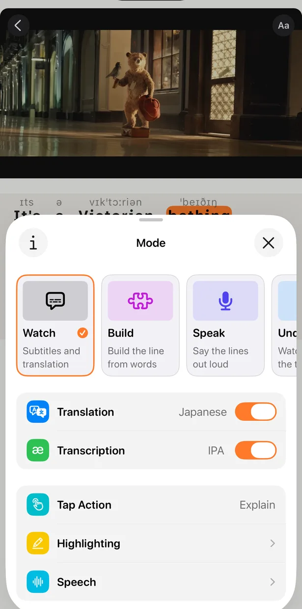 Panel de modos con Watch, Build y Speak y el interruptor de traducción en japonés