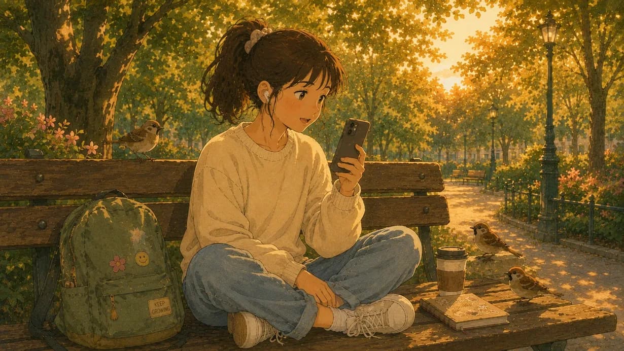 Une jeune femme assise sur un banc au coucher du soleil, pratiquant le shadowing avec son téléphone et des écouteurs, entourée de feuilles d’automne.
