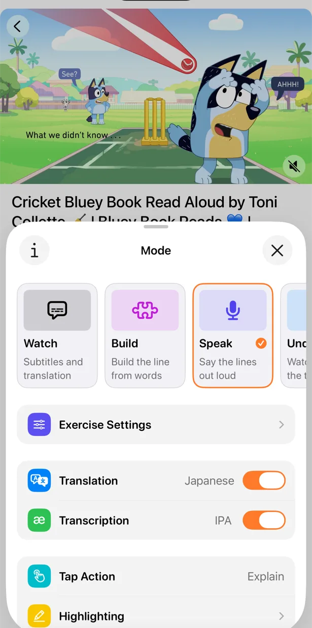 Menú de modos de PlayLingo en iPhone con Hablar seleccionado —“Decir las líneas en voz alta”— y la traducción al japonés y la transcripción AFI activadas.