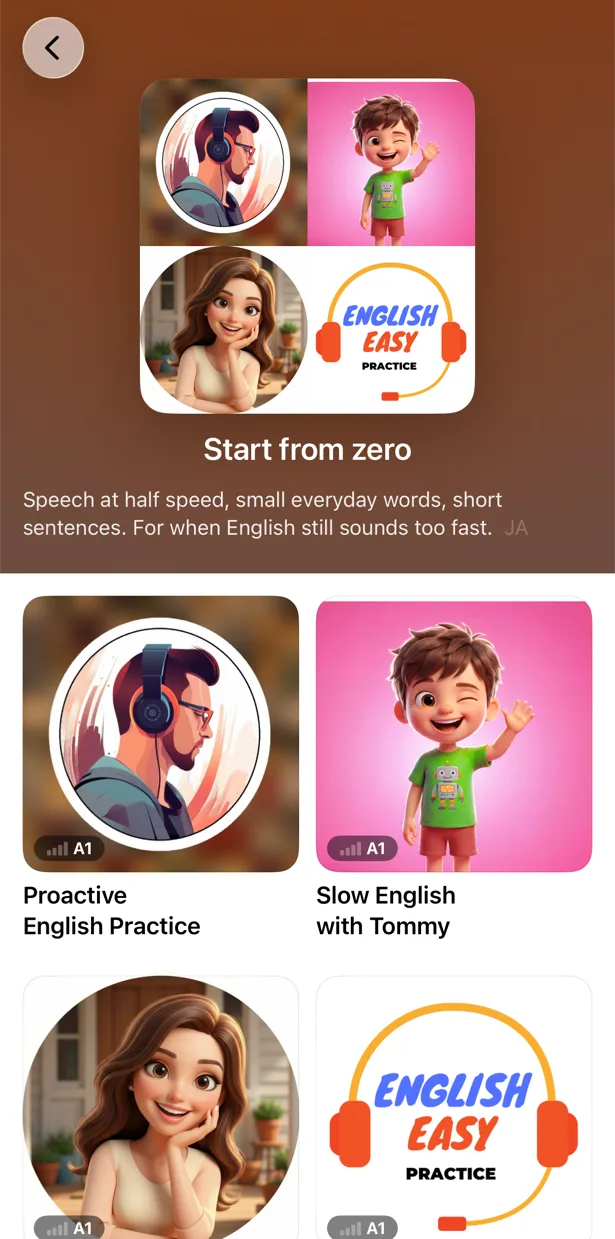 Colección “Start from zero” de PlayLingo: habla a mitad de velocidad y frases cortas, todos los canales marcados A1.