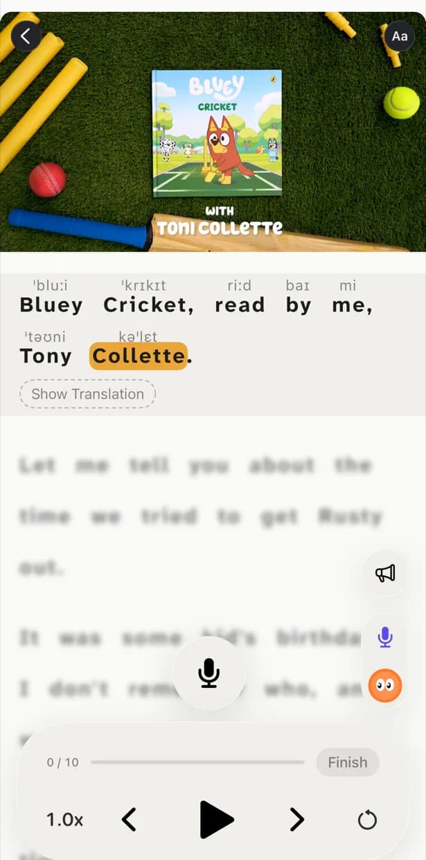 Modo Hablar de PlayLingo: una línea en pausa de un video de Bluey con AFI sobre cada palabra y el botón del micrófono.