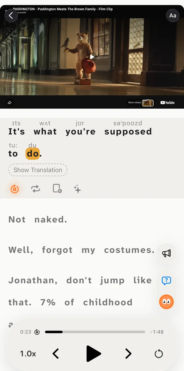 PlayLingo Understand mode: the English line with the translation hidden
